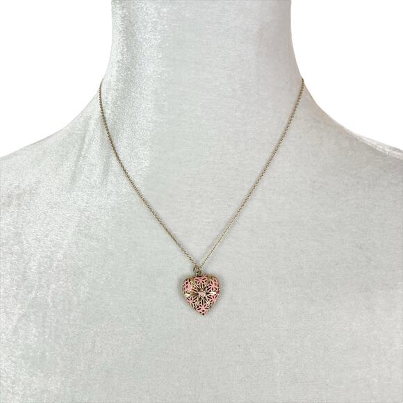 Gold Tone Adjustable Chain Necklace with Pink Floral Heart Pendant Charm - Picture 1 of 5